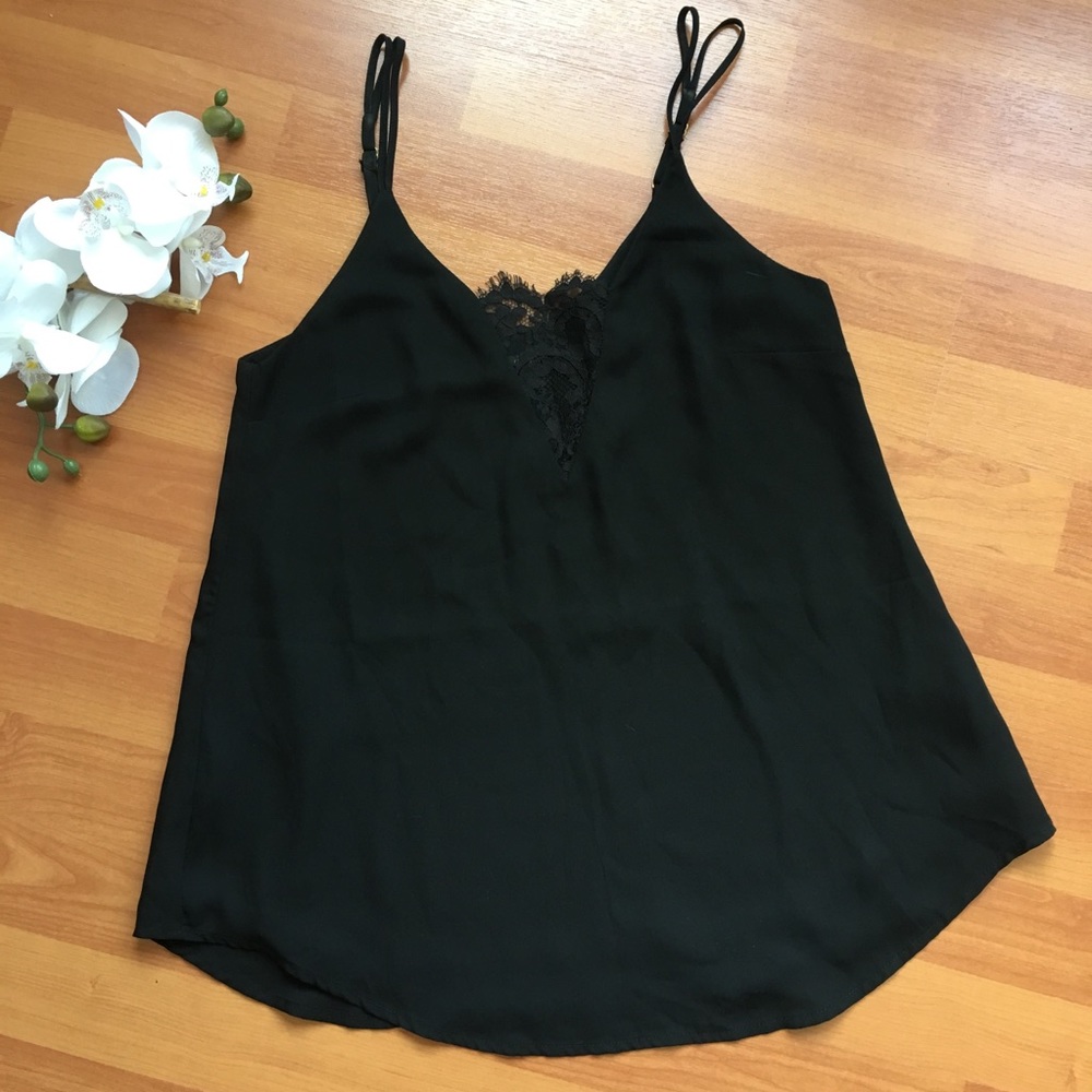 🎁Guess silky black cami with black lace inset XS